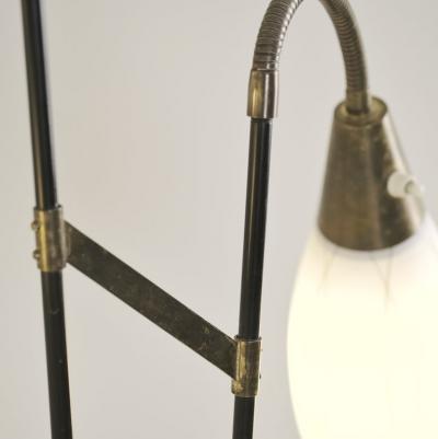 G Holman Two Light Floor Lamp in Brass Black Metal and Opaline Glass 1950s
