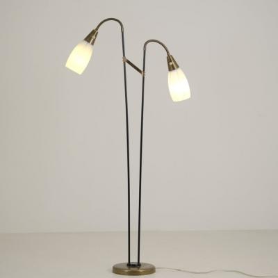 G Holman Two Light Floor Lamp in Brass Black Metal and Opaline Glass 1950s