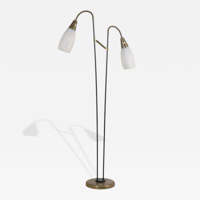 G Holman Two Light Floor Lamp in Brass Black Metal and Opaline Glass 1950s