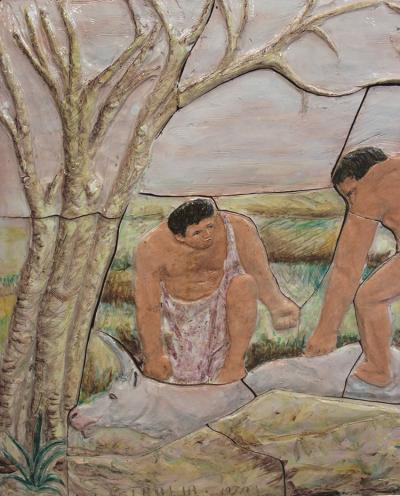 G Petralia Large decorative majolica fresco with antique pastoral scene Sicily 1970