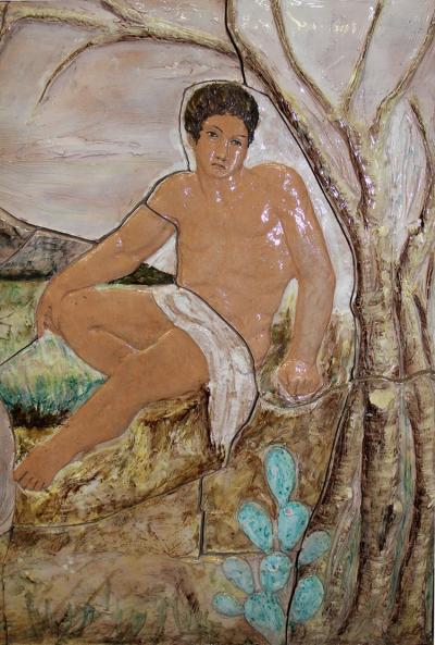 G Petralia Large decorative majolica fresco with antique pastoral scene Sicily 1970