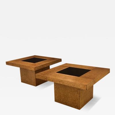 G Plan Pair G Plan 1950s Burl Amboyna Square Coffee Tables with Bronze Glass Inserts