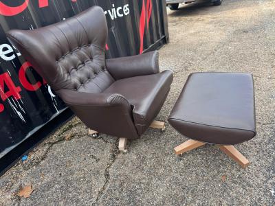 G Plan Vintage Brown Tufted Leather G Plan Swivel Lounge Chair and Ottoman