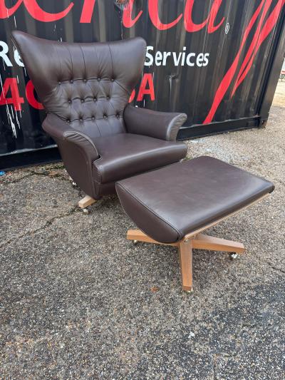 G Plan Vintage Brown Tufted Leather G Plan Swivel Lounge Chair and Ottoman