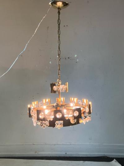 GAETANO SCOLARI MID CENTURY ITALIAN SNOWFLAKE CRYSTAL AND BRASS TWO TIER CHANDELIER