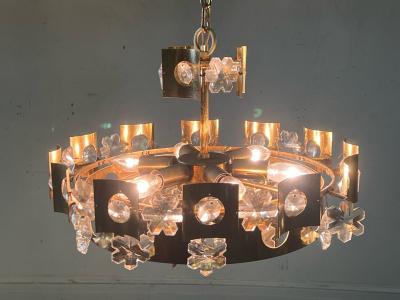 GAETANO SCOLARI MID CENTURY ITALIAN SNOWFLAKE CRYSTAL AND BRASS TWO TIER CHANDELIER