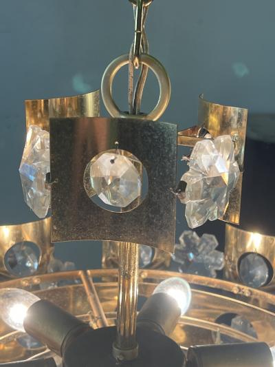 GAETANO SCOLARI MID CENTURY ITALIAN SNOWFLAKE CRYSTAL AND BRASS TWO TIER CHANDELIER
