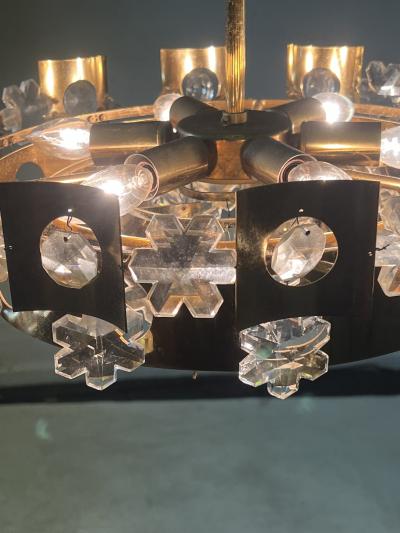 GAETANO SCOLARI MID CENTURY ITALIAN SNOWFLAKE CRYSTAL AND BRASS TWO TIER CHANDELIER