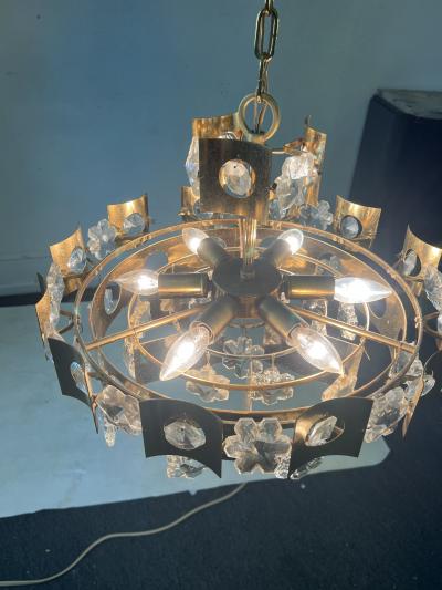 GAETANO SCOLARI MID CENTURY ITALIAN SNOWFLAKE CRYSTAL AND BRASS TWO TIER CHANDELIER