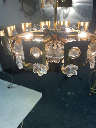 GAETANO SCOLARI MID CENTURY ITALIAN SNOWFLAKE CRYSTAL AND BRASS TWO TIER CHANDELIER