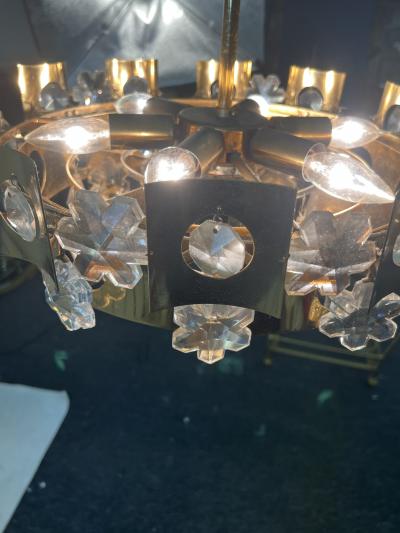 GAETANO SCOLARI MID CENTURY ITALIAN SNOWFLAKE CRYSTAL AND BRASS TWO TIER CHANDELIER
