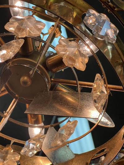 GAETANO SCOLARI MID CENTURY ITALIAN SNOWFLAKE CRYSTAL AND BRASS TWO TIER CHANDELIER