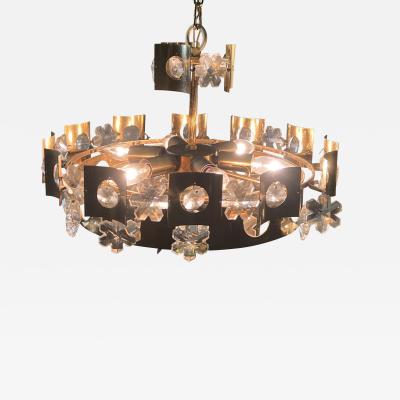 GAETANO SCOLARI MID CENTURY ITALIAN SNOWFLAKE CRYSTAL AND BRASS TWO TIER CHANDELIER