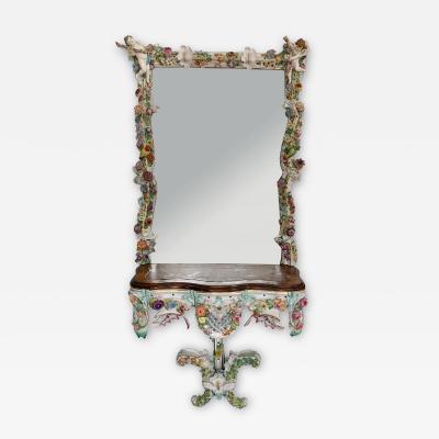 GERMAN PORCELAIN FLOWER ENCRUSTED PORCELAIN MIRROR AND CONSOLE TABLE
