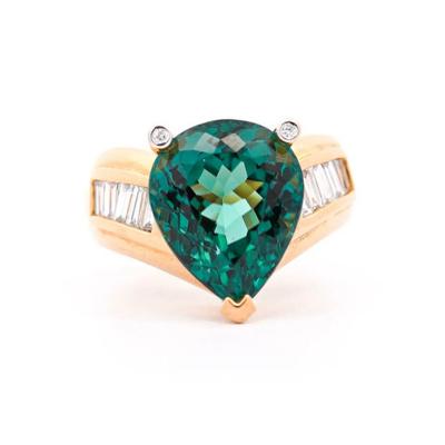 GIA Certified 11 Carat Bluish Green Pear Cut Tourmaline Baguette Diamond Ring