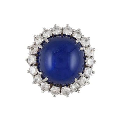 GIA Certified 25 Carat Cabochon Blue Sapphire Diamond Halo Ring in Platinum