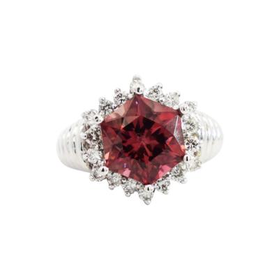 GIA Certified Hexagon Cut Pink Tourmaline with Diamond Halo Star Shape Ring