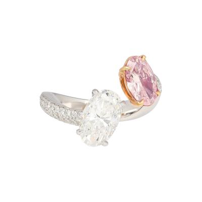 GIA Certified Oval Cut Fancy Orangy Pink White Diamond Toi Et Moi 18K Ring