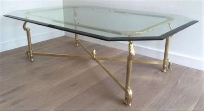 GILDED BRASS AND BRONZE COFFEE TABLE WITH OCTAGONAL BEVELED GLASS