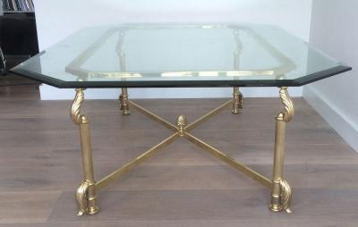 GILDED BRASS AND BRONZE COFFEE TABLE WITH OCTAGONAL BEVELED GLASS