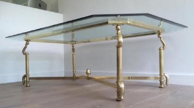 GILDED BRASS AND BRONZE COFFEE TABLE WITH OCTAGONAL BEVELED GLASS