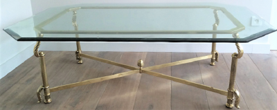GILDED BRASS AND BRONZE COFFEE TABLE WITH OCTAGONAL BEVELED GLASS