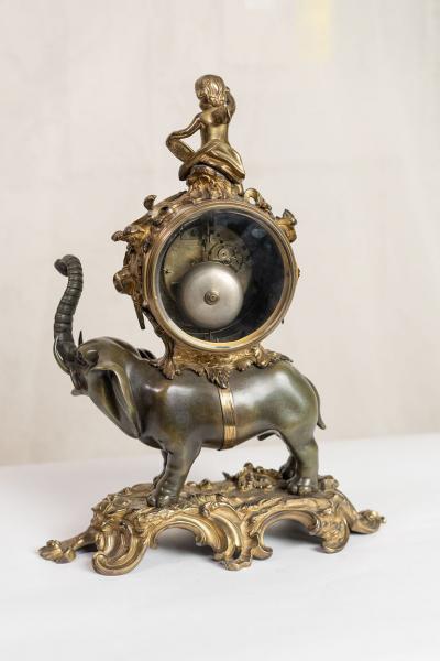 GILT BRONZE LOUIS XV STYLE ELEPHANT MANTEL CLOCK