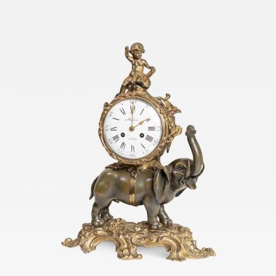 GILT BRONZE LOUIS XV STYLE ELEPHANT MANTEL CLOCK