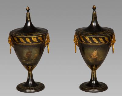 GOOD PAIR OF GEORGE III TOLE WORK CHESTNUT URNS