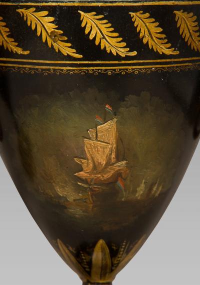 GOOD PAIR OF GEORGE III TOLE WORK CHESTNUT URNS