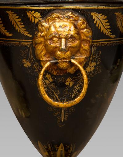 GOOD PAIR OF GEORGE III TOLE WORK CHESTNUT URNS