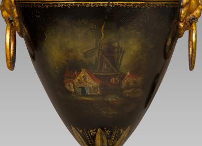 GOOD PAIR OF GEORGE III TOLE WORK CHESTNUT URNS