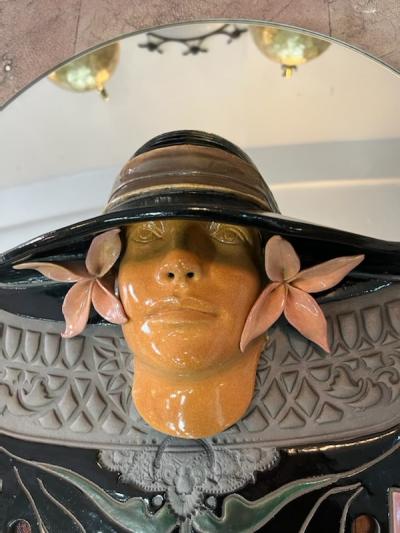 GORGEOUS ART NOUVEAU REVIVAL WOMAN WITH HAT CERAMIC MIRROR SIGNED