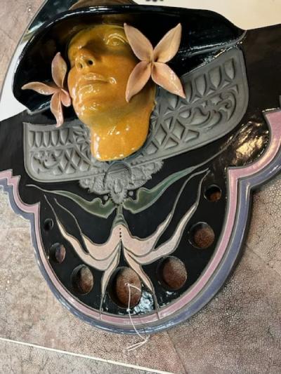 GORGEOUS ART NOUVEAU REVIVAL WOMAN WITH HAT CERAMIC MIRROR SIGNED