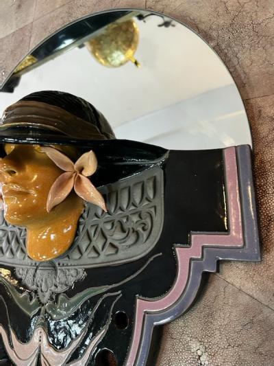 GORGEOUS ART NOUVEAU REVIVAL WOMAN WITH HAT CERAMIC MIRROR SIGNED