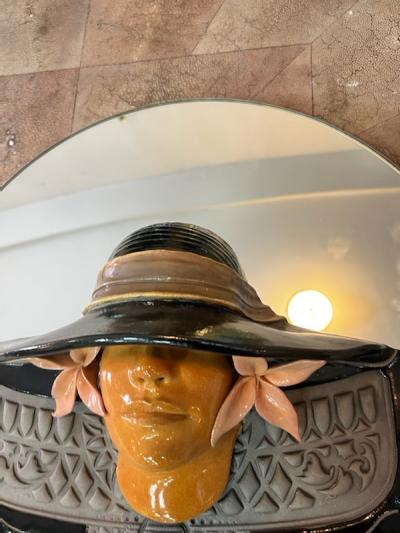 GORGEOUS ART NOUVEAU REVIVAL WOMAN WITH HAT CERAMIC MIRROR SIGNED