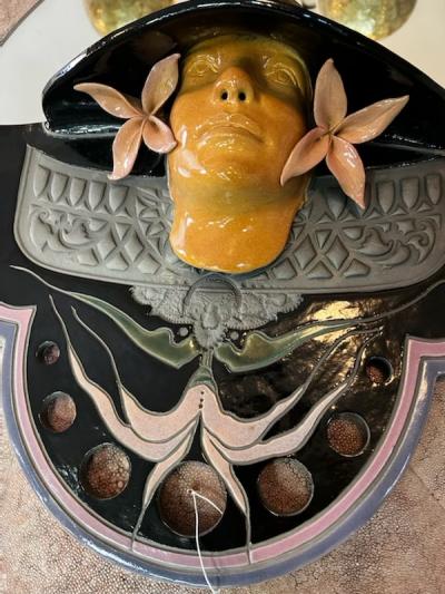 GORGEOUS ART NOUVEAU REVIVAL WOMAN WITH HAT CERAMIC MIRROR SIGNED