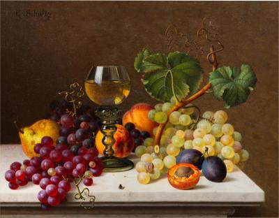 GOTTFRIED SCHULTZ Still life with Wine Fruits and a Fly on Marble Table Gottfried Schultz