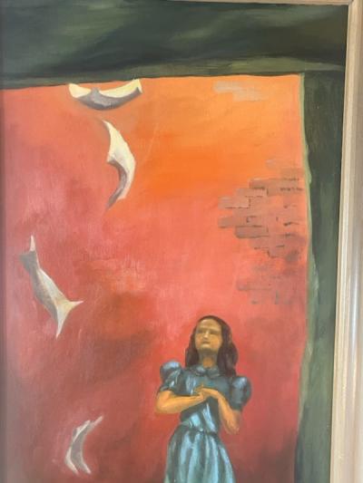 GRACE TEDFORD SIGNED SURREALIST MODERN GIRL WITH FLYING PAPERS IN ALLEY PAINTING