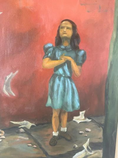 GRACE TEDFORD SIGNED SURREALIST MODERN GIRL WITH FLYING PAPERS IN ALLEY PAINTING