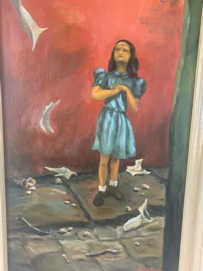 GRACE TEDFORD SIGNED SURREALIST MODERN GIRL WITH FLYING PAPERS IN ALLEY PAINTING