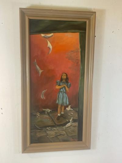 GRACE TEDFORD SIGNED SURREALIST MODERN GIRL WITH FLYING PAPERS IN ALLEY PAINTING