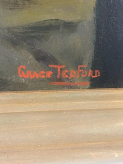 GRACE TEDFORD SIGNED SURREALIST MODERN GIRL WITH FLYING PAPERS IN ALLEY PAINTING