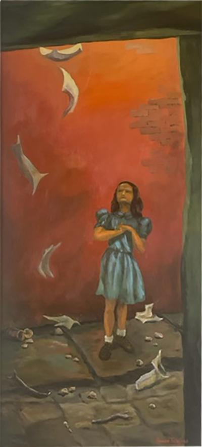 GRACE TEDFORD SIGNED SURREALIST MODERN GIRL WITH FLYING PAPERS IN ALLEY PAINTING