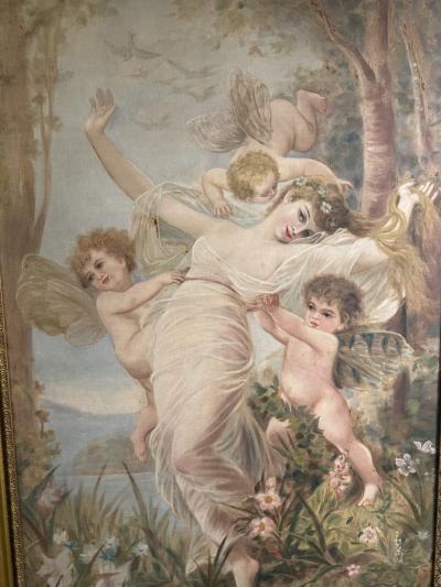 GRAND FINE BEAUX ARTS ETHEREAL BEAUTY WITH CHERUBS NYMPHS IN WOODLANDS PAINTING