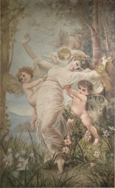 GRAND FINE BEAUX ARTS ETHEREAL BEAUTY WITH CHERUBS NYMPHS IN WOODLANDS PAINTING