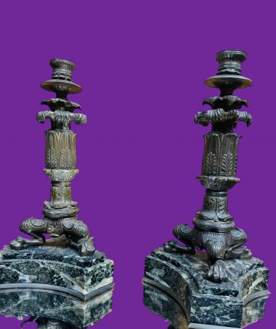GRAND TOUR BLACK MARBLE BRONZE NAPOLEON CANDLESTICKS