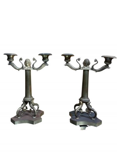 GRAND TOUR PAIR OF DORE BRONZE EGYPTIAN REVIVAL TWO CANDLE CANDELABRA