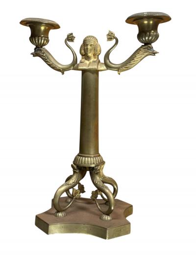 GRAND TOUR PAIR OF DORE BRONZE EGYPTIAN REVIVAL TWO CANDLE CANDELABRA