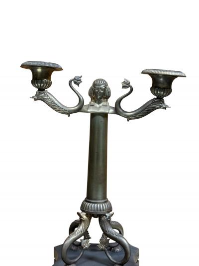 GRAND TOUR PAIR OF DORE BRONZE EGYPTIAN REVIVAL TWO CANDLE CANDELABRA